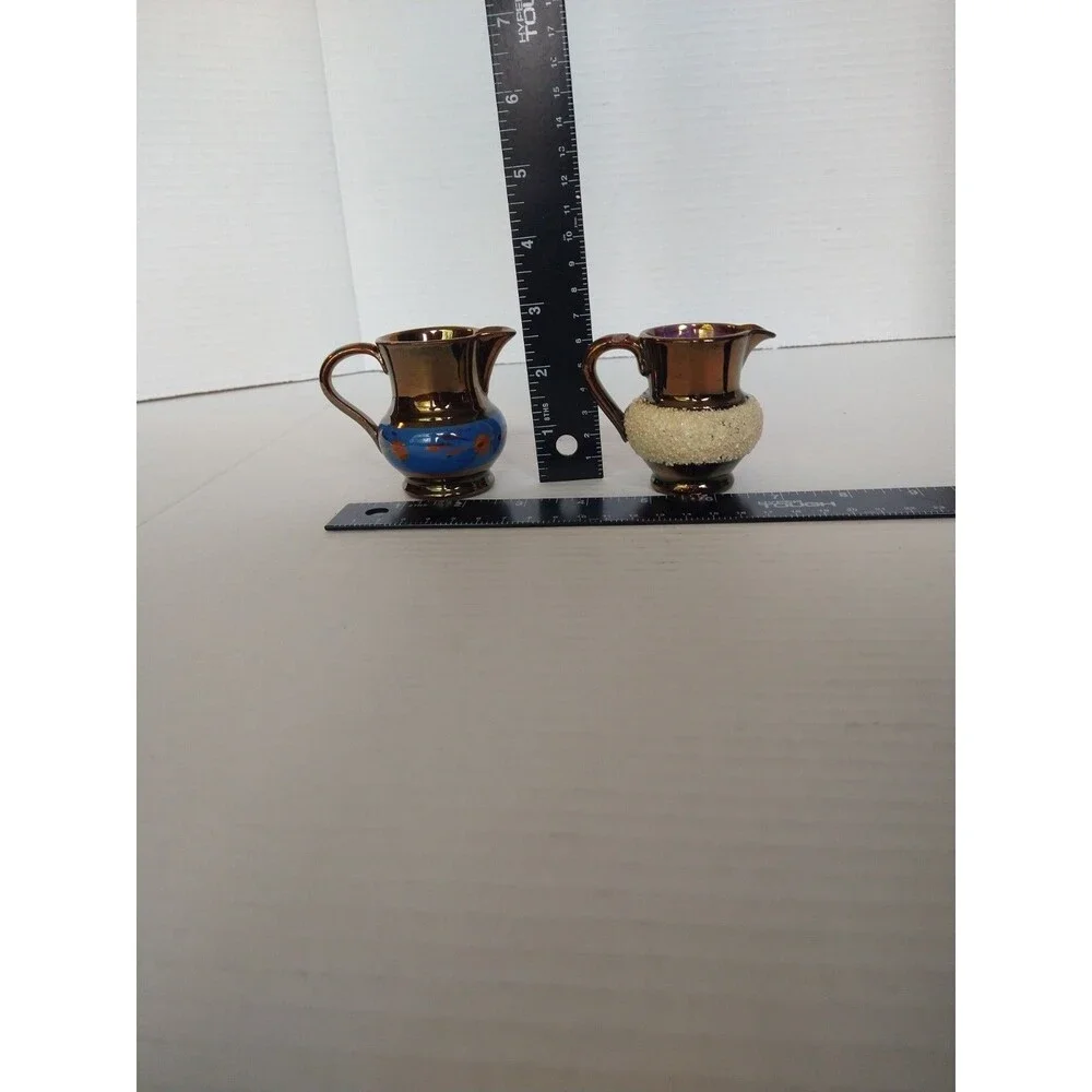 Set of 2 Small Mini Vintage Blue White Enamelware Creamers Pitchers Collectable